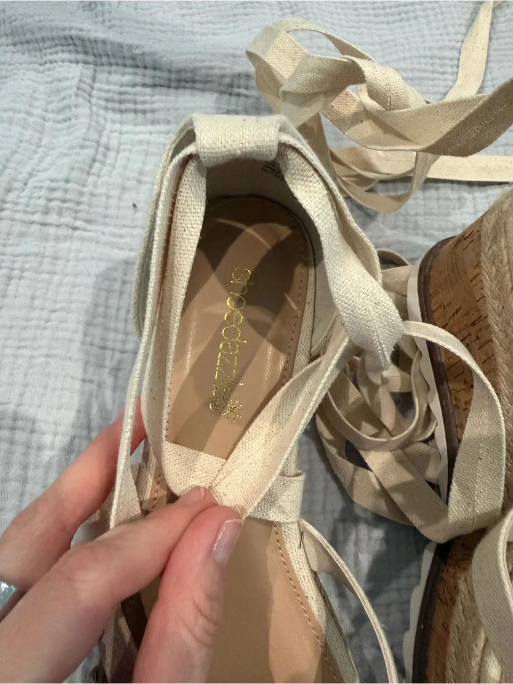 Shoedazzle Women's Cream Espadrille Platform Sandals with Lace-Up Straps